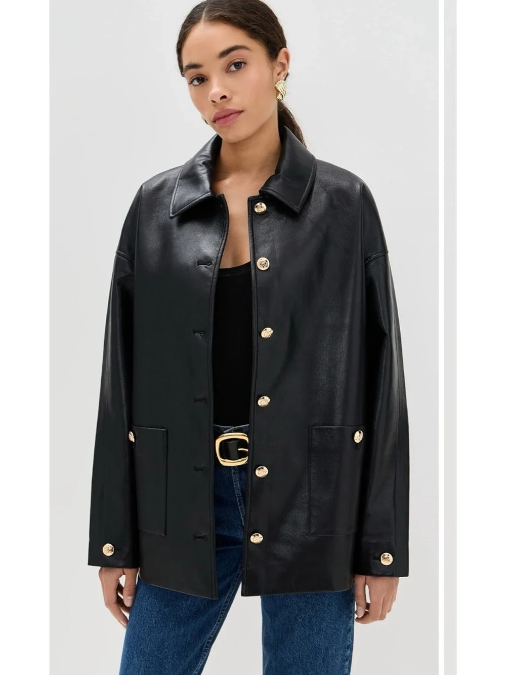 Anine Bing Luca Black Leather Button-Front Jacket with Gold Hardware